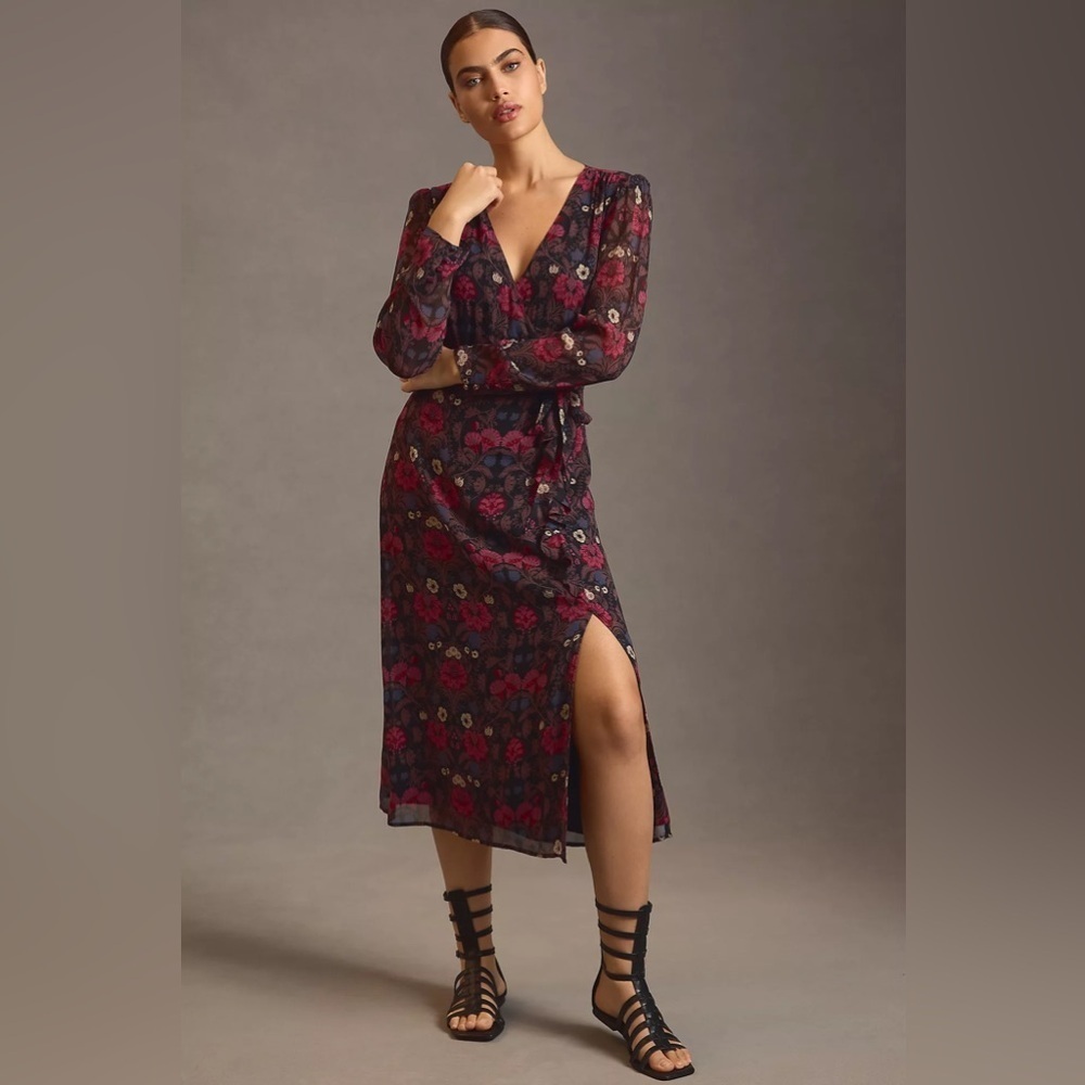 PAIGE Ledara Floral Silk Long Sleeve Faux Wrap Midi Dress in Black Multi Sz XS